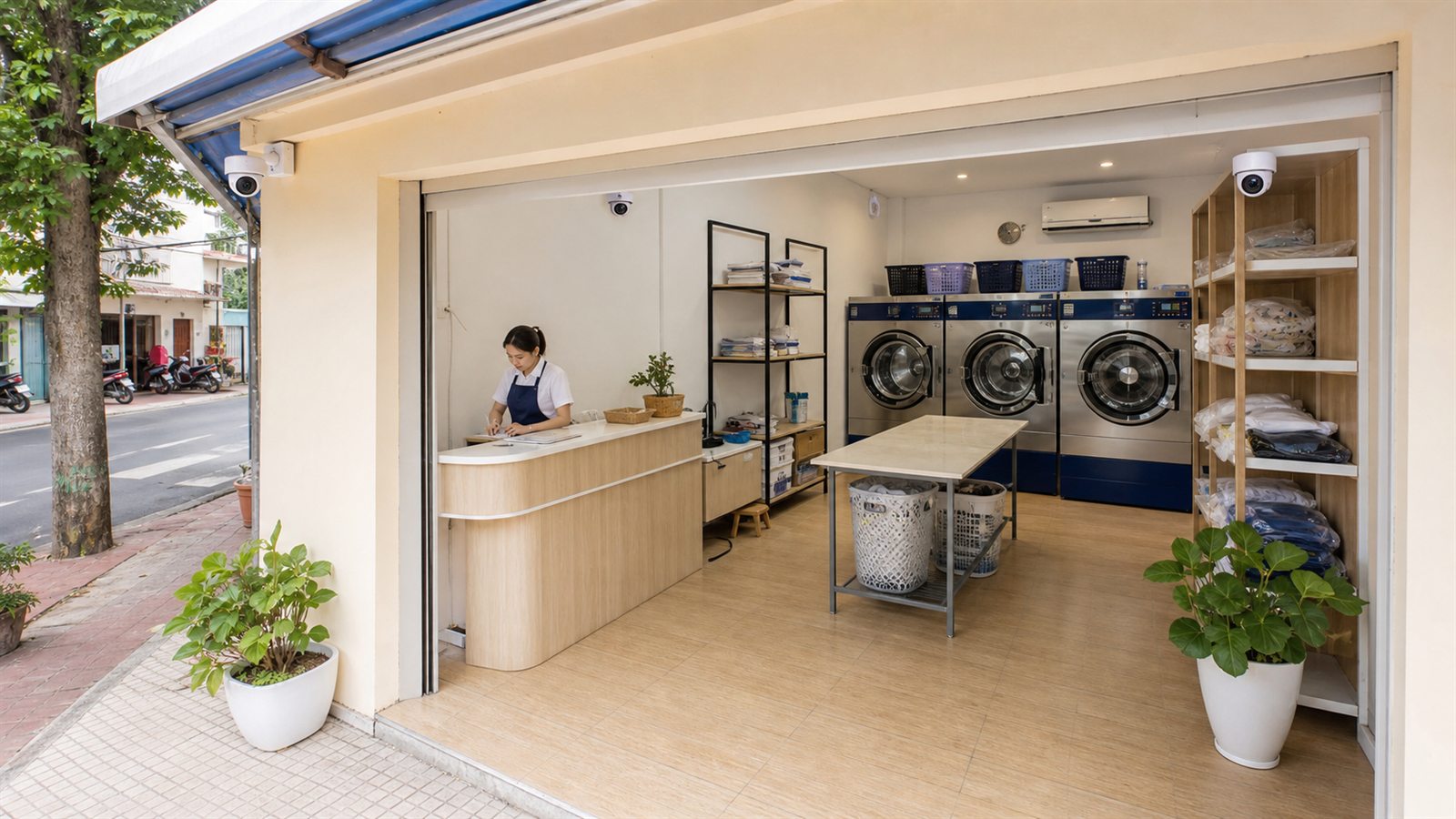 Camera được bố trí tại mặt tiền, quầy, khu máy và kệ chờ trả của tiệm giặt