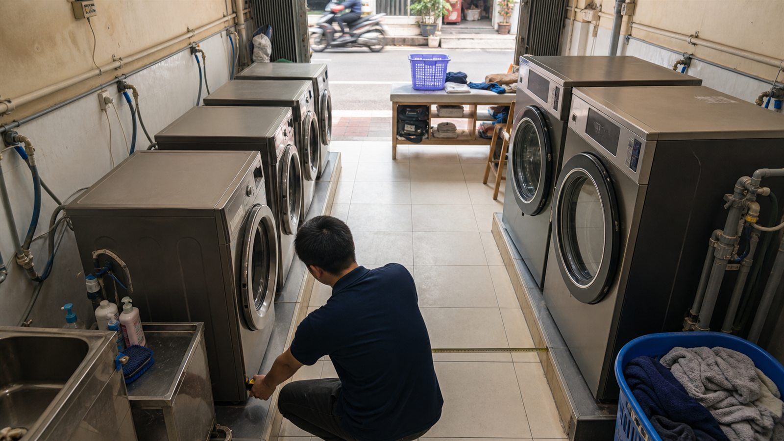 Chủ tiệm đo lối đi và bố trí máy giặt trong mặt bằng nhỏ