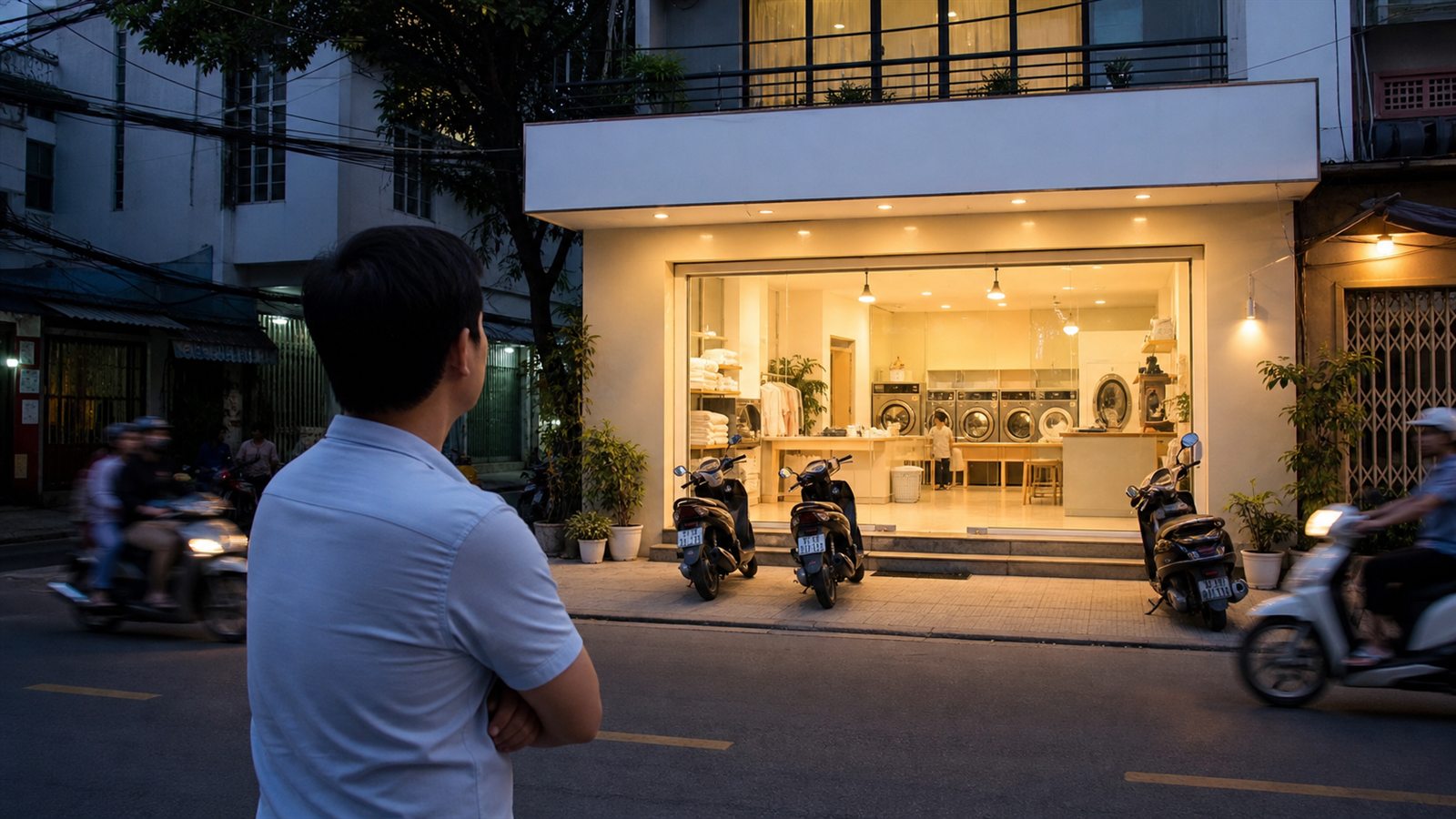 Chủ tiệm quan sát mặt tiền và lượng người qua lại khi tiệm vắng khách