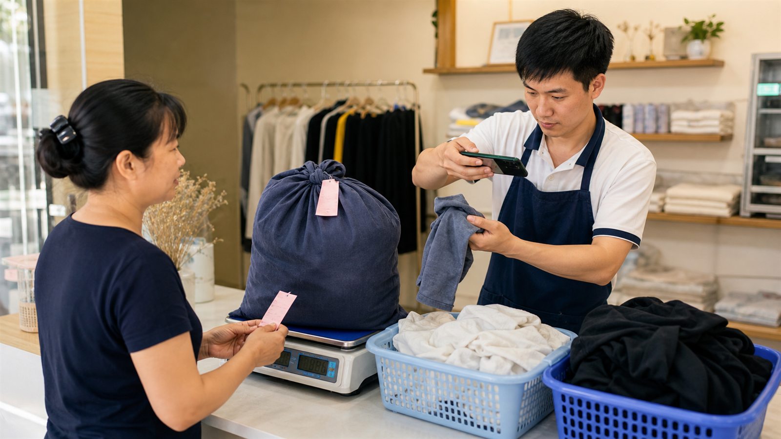 Nhân viên cân, phân loại, chụp tình trạng và gắn phiếu cho đồ của khách