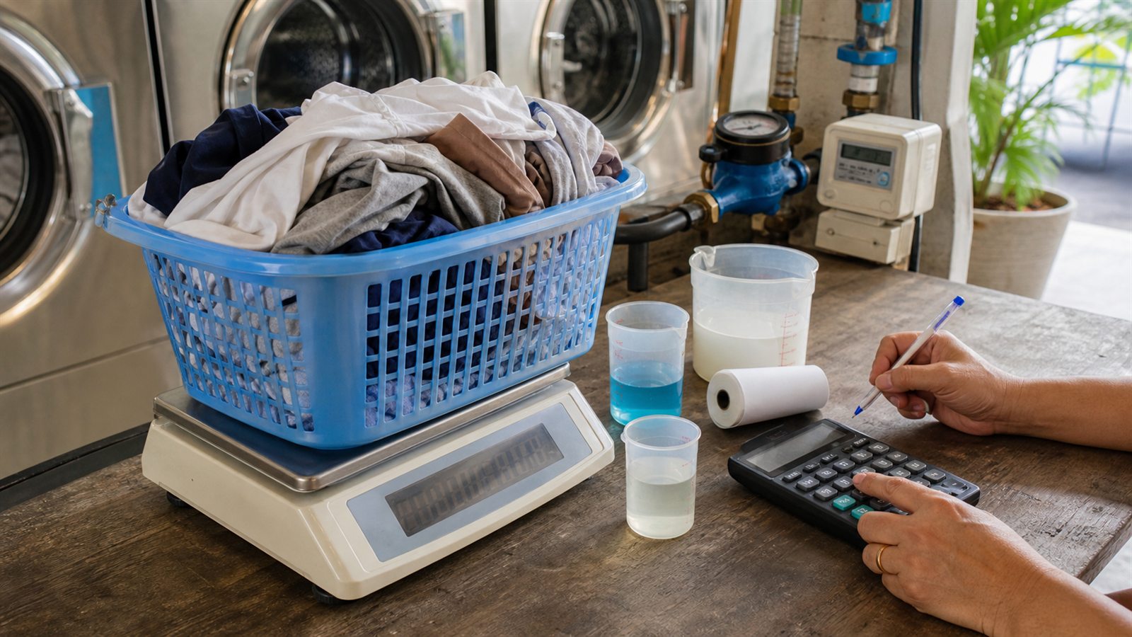 Cân đồ và đo lượng hóa chất để tính chi phí một mẻ giặt